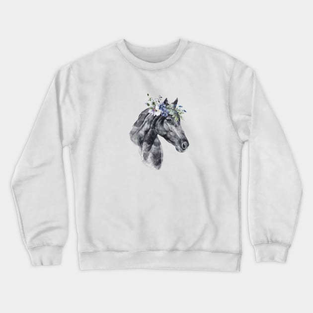 Horse Head Watercolor Portrait in Black and White Crewneck Sweatshirt by Duck Cloud 9